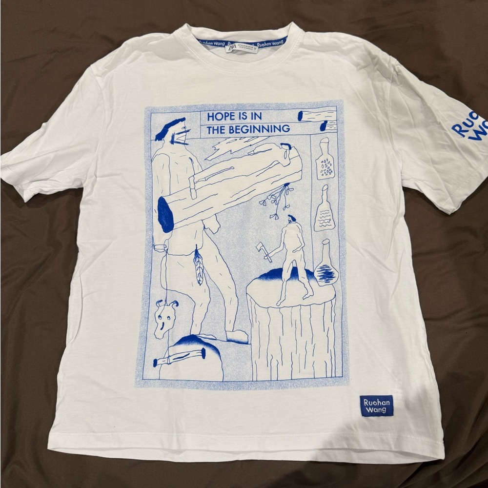 Zara Ruohan Wang White T-Shirt with Blue Accents